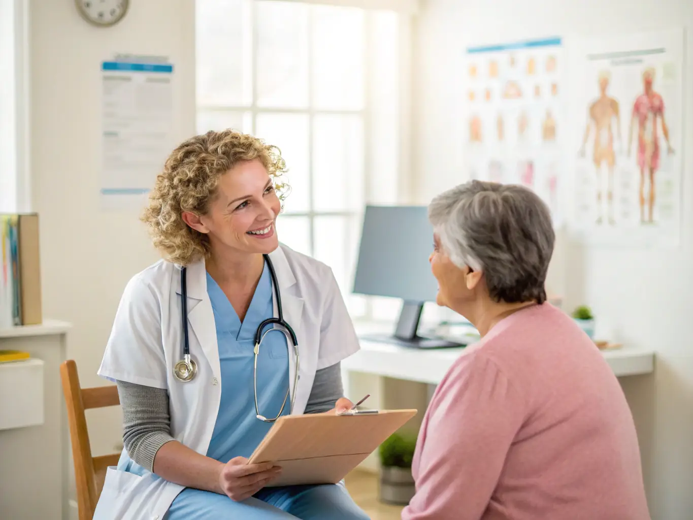 A friendly healthcare professional consulting with a patient in a modern, well-lit clinic setting, emphasizing personalized care and trust.