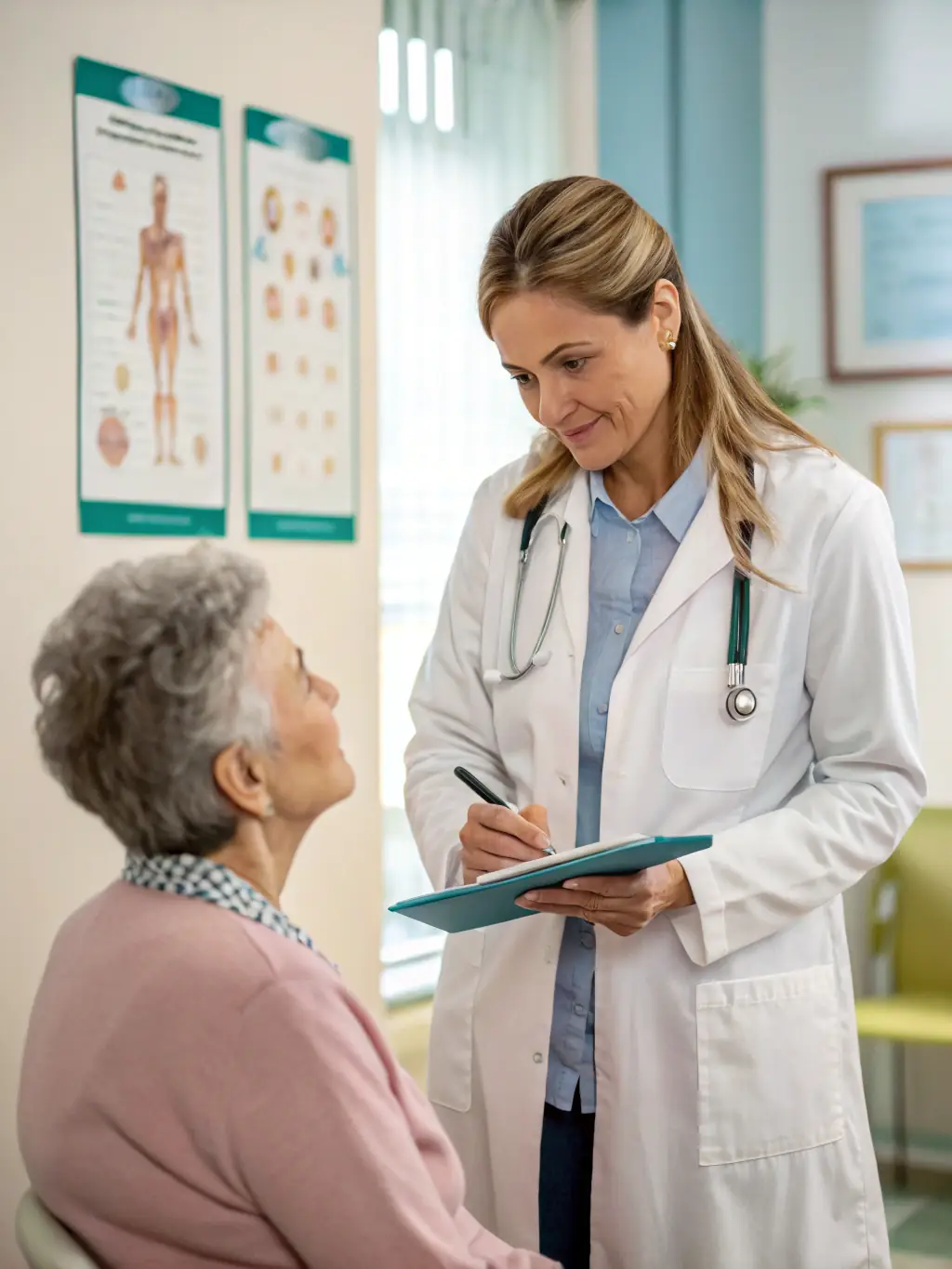 A friendly healthcare professional consulting with a patient in a modern clinic setting, discussing their health concerns and treatment options at Violet Health Beauty.