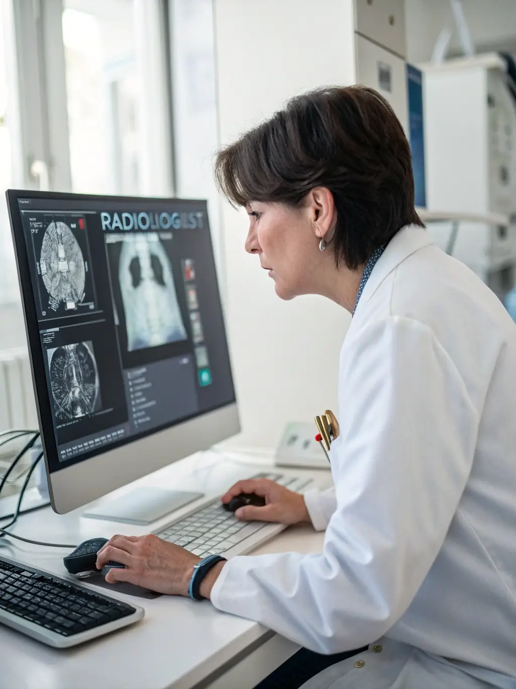 A specialist examining medical imaging results in a bright office at Violet Health Beauty, highlighting the availability of specialized treatments.