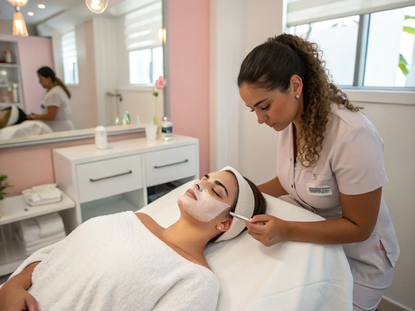 A client receiving a relaxing facial treatment in a serene spa environment, highlighting the beauty and wellness aspect of Violet Health Beauty.
