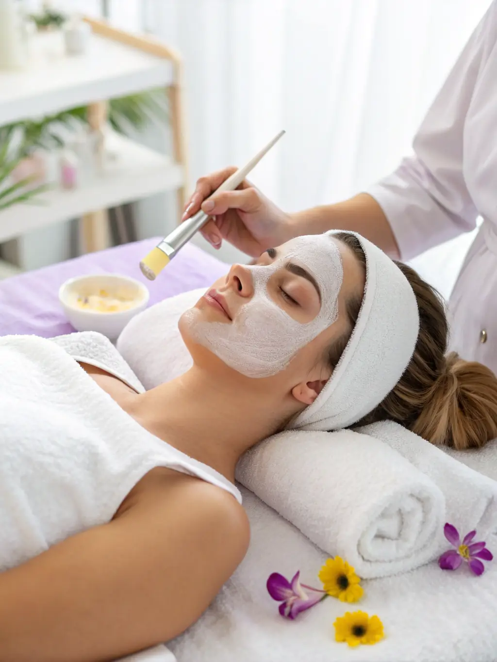 A serene image of a woman receiving a facial treatment at Violet Health Beauty, with soft lighting and a focus on relaxation.
