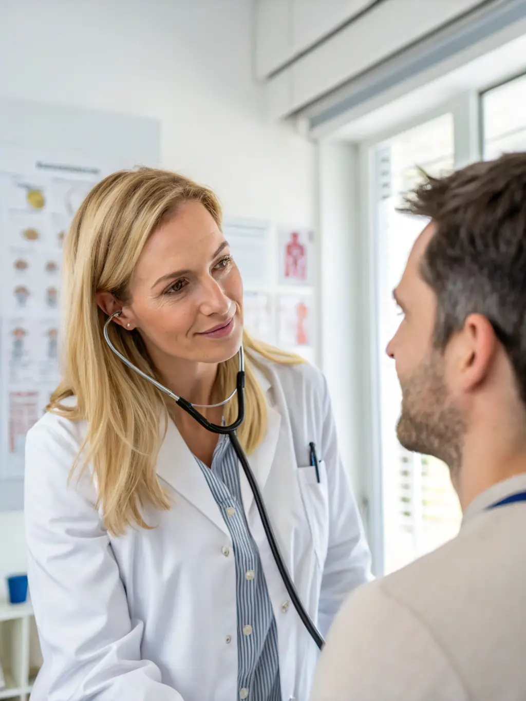 A doctor in a white coat smiling and consulting with a patient in a modern, well-lit examination room at Violet Health Beauty, emphasizing personalized care.